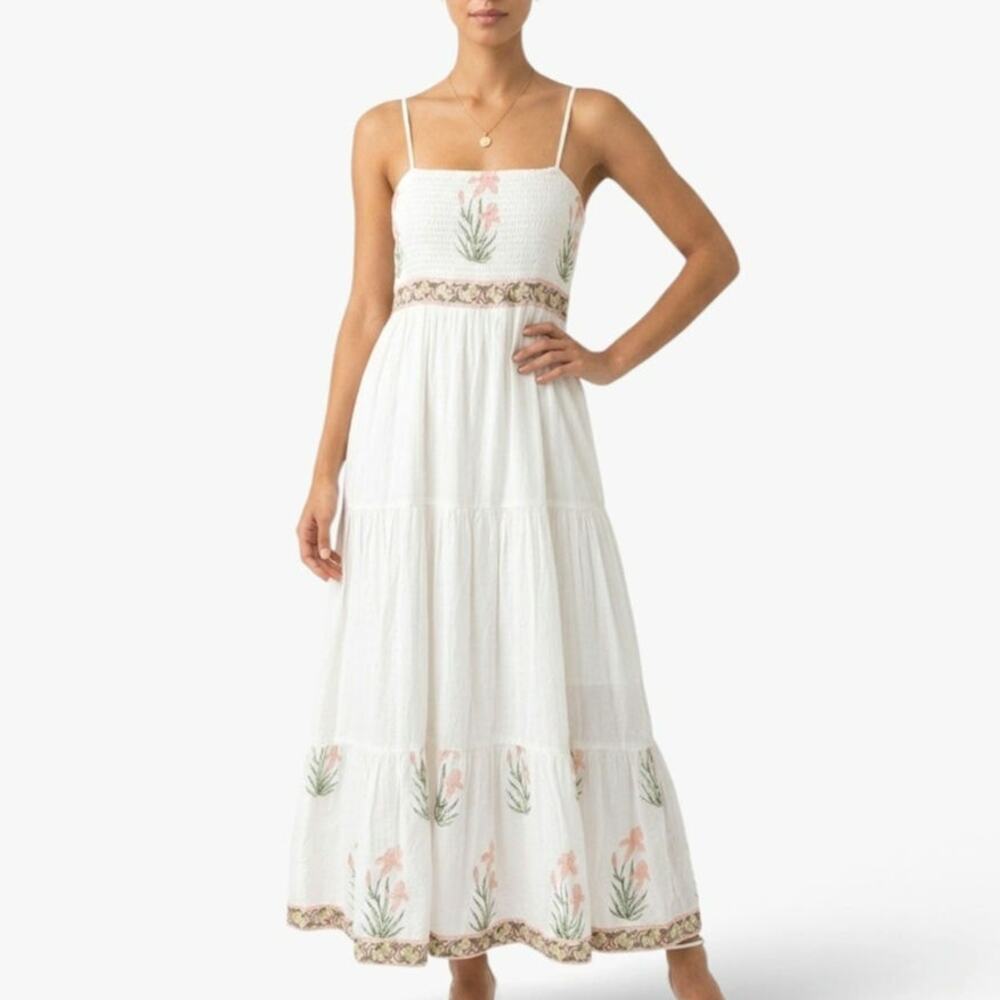 Madison Mathews White Cotton Embroidered Maxi Dress Boho Ruffled Hem L - Picture 5 of 16